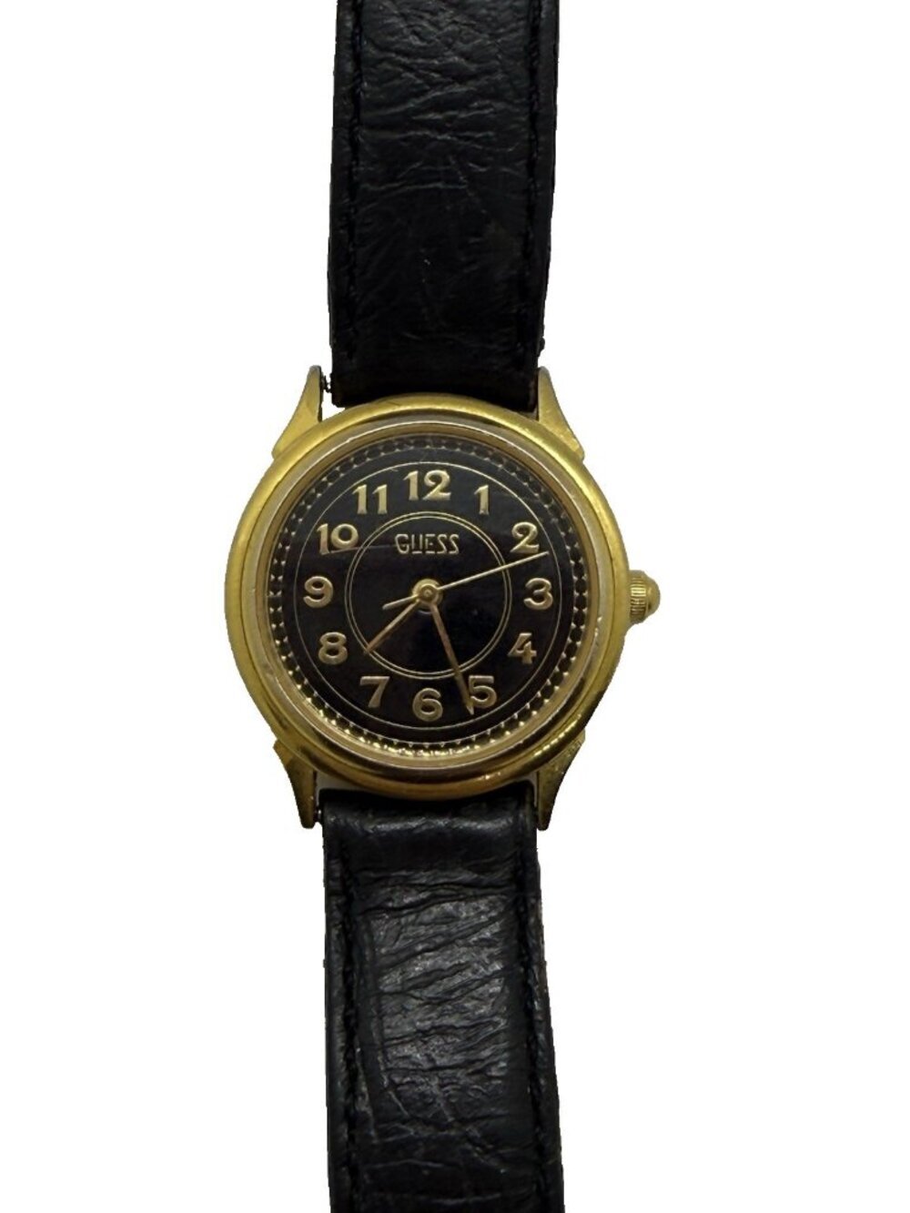 Vtg 1990 GUESS Women's Gold Tone Case Watch Black Leather Strap Japan Mvmt Y2K